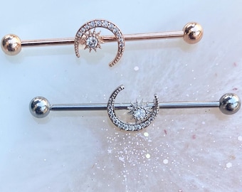 Moon And Star Industrial ear barbell (silver or rose gold) 14 Gauge & 1.5 in length