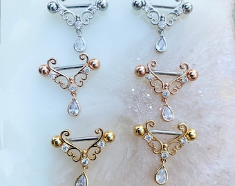 Pair of Crystal Dangle Nipple Barbells. Gold, Silver, or Rosegold.