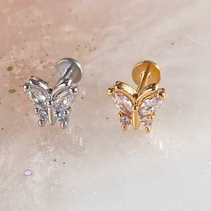 Crystal Dainty Butterfly Labret. Gold Or Silver. 16G. 6mm or 8mm. For Cartilage, Flat, and Tragus piercings.