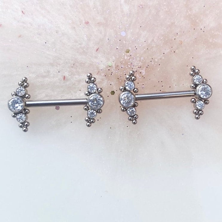 Pair of Titanium Threadless Crystal Nipple Jewelry Barbell (pair). 14 Gauge. 9/16”.