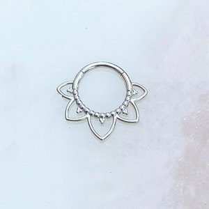 Silver Implant Grade Titanium Tribal Filigree Clicker for Septum and Daith piercings.