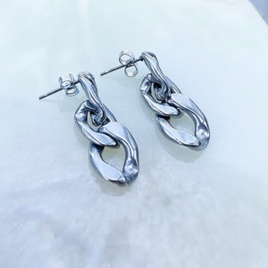 May include: A pair of silver chain link earrings. The earrings are made of thick, chunky links that are slightly textured.