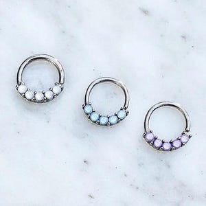 Opal Septum Hoop (Septum, Nostril, Cartilage, or Daith piercings). 16G or 18G | 5/16”. Pink, White or Teal.