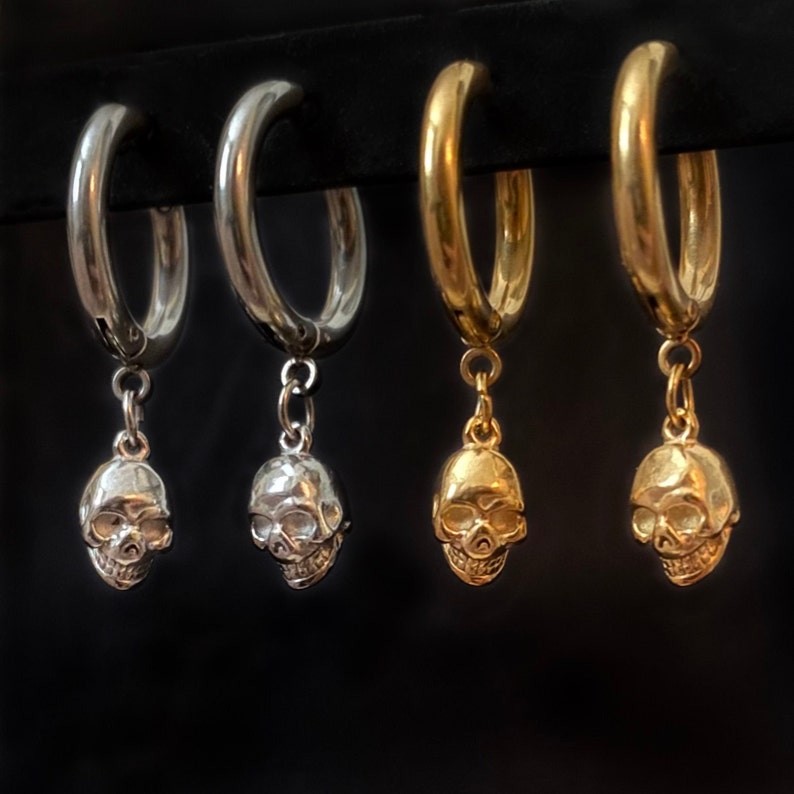 Skull Skeleton Hoop Earrings in Silver or Gold. Gothic Earrings. image 1