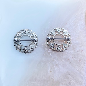 Tribal Nipple Shield Barbell Piercing Jewelry (Pair). 14 Gauge. 3/4”. Surgical Steel.
