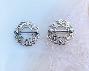 Tribal Nipple Shield Barbell Piercing Jewelry (Pair). 14 Gauge. 3/4”. Surgical Steel.