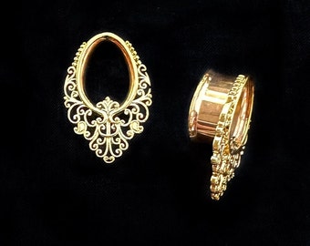 Pair of Gold Filigree Flared Teardrop Tunnels. 8mm-16mm.