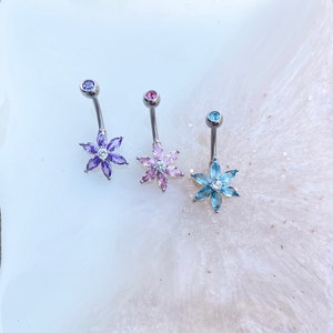 Crystal Flower Belly Ring. Purple, Teal, or Light Pink. 14G | 3/8”