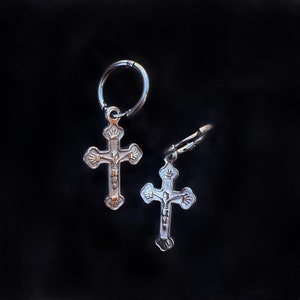 Silver Cross Gothic Huggie Hoop Earrings.