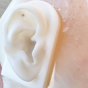 May include: A close-up of a white ear model with a small gold stud earring in the helix piercing.