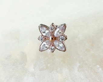 Implant Grade Titanium Rosegold Geometric Crystal Mandala Flower Star Labret. Threadless. 16G. 20G.