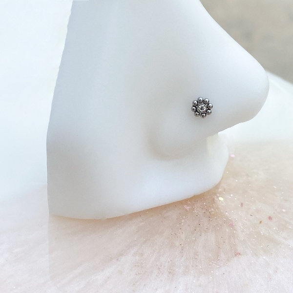 Silver Beaded Crystal Mandala Nose Stud 20G | 1/4”