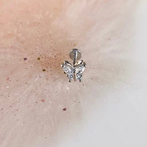 Silver CZ Butterfly Labret for Cartilage, Conch, Tragus, Flat, and Helix piercings. 16G | 1/4” or 5/16”.