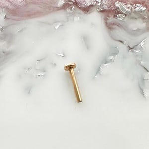 May include: A gold-colored, straight barbell-style body piercing stud. The stud has a flat, round top and a slender, cylindrical post. The jewelry is designed for body piercings and is shown against a white and pink background.