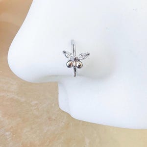 20G Silver Butterfly Crystal Nose Hoop for Nostril, Helix, & Cartilage Piercings. 6mm, 7mm, or 8mm.