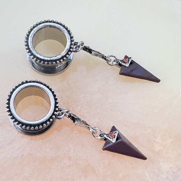 Pair of Silver Tunnel Beaded Dangle Earrings. Double Flare Screw Top.