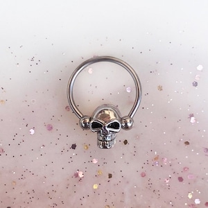 Skull Captive Hoop for Septum, Daith, Cartilage, Conch piercings. 16G or 14G. 8mm, 10mm, or 12mm.