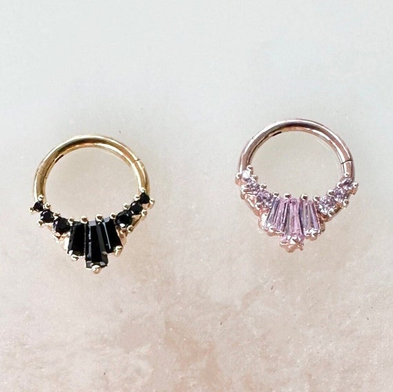 Black and Light Pink Crystal Clicker. Gold and Rosegold. Septum or Daith Clicker. 16G. 8mm or 10mm.