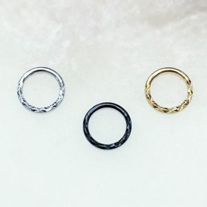 Titanium Embossed Textured Clicker for Daith, Septum and Cartilage in Gold, Black, Silver. 16G. 6mm, 8mm or 10mm.