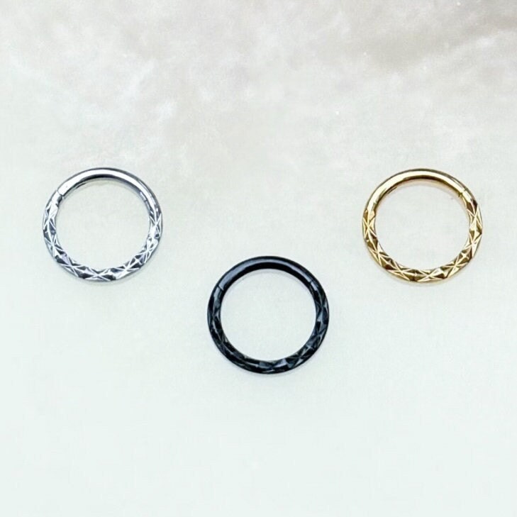 Titanium Embossed Textured Clicker for Daith, Septum and Cartilage in Gold, Black, Silver. 16G. 6mm, 8mm or 10mm.
