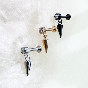 Titanium Spike Dangle Crystal Bezel Labret. Gold, Black, Silver. 16G. 6mm or 8mm.For Cartilage, Helix, Tragus, Flat, and Lobe piercings.