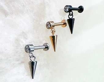 Titanium Spike Dangle Crystal Bezel Labret. Gold, Black, Silver. 16G. 6mm or 8mm.For Cartilage, Helix, Tragus, Flat, and Lobe piercings.