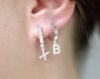 Initial Letter Huggie Hoop Earrings, Silver Letter Earrings, Personalized Initial Earrings Women, Custom Initial Earrings Hoop Earrings