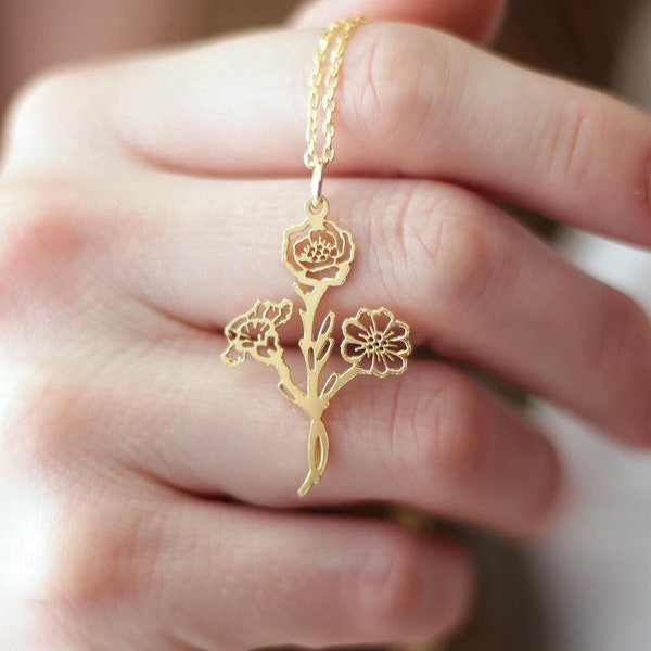 Collar personalizado con ramo de flores de nacimiento: plata de ley, regalo para mamá