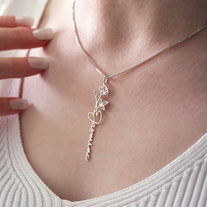 Sterling Silver Birth Flower Name Necklace: Personalized Floral Jewelry
