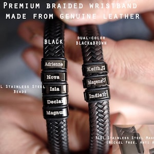 Custom Name Bracelet for Men, Personalized Beaded Genuine Leather Bracelet,  Husband,Boyfriend, Dad, Fathers Day Gift Christmas Gift for Him