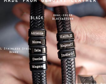 Custom Name Bracelet for Men, Personalized Beaded Genuine Leather Bracelet,  Husband,Boyfriend, Dad, Fathers Day Gift Christmas Gift for Him