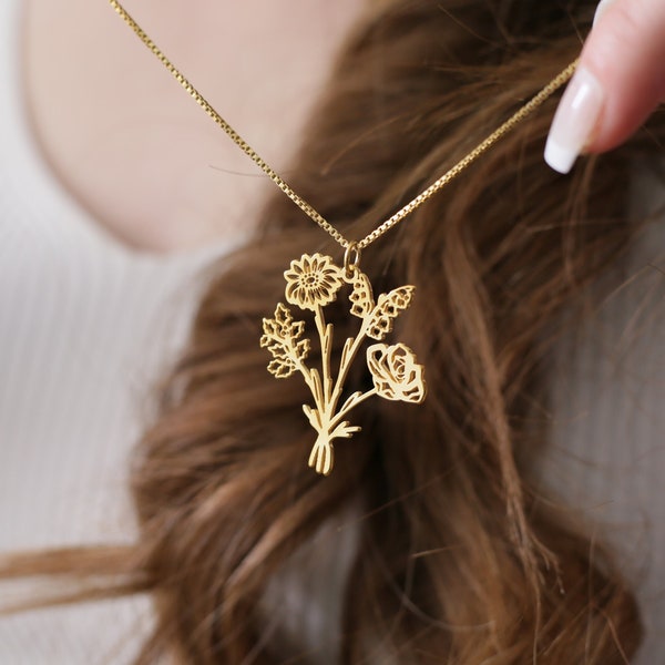 Birth Flower Necklace For Mother's Day, Family Birth Flower Bouquet Necklace for Grandma, Family Necklace for Mom, Christmas Gift for Mom
