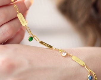 Personalized Paperclip Chain Bracelet: Custom Name & Birthstone, Sterling Silver