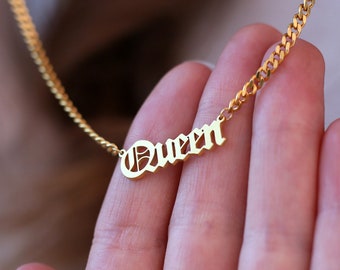 14k Gold Plated Old English Name Necklace: Gothic Curb Chain