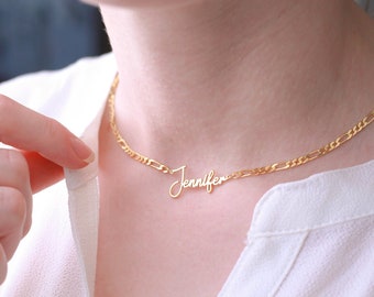 Sterling Silver Name Necklace with Figaro Chain, 14K Gold Plated Nameplate Necklace, Signature Name Necklace, Personalized Gifts for Her