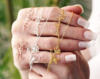 Custom Birth Flower Name Necklace: Sterling Silver Personalized Jewelry