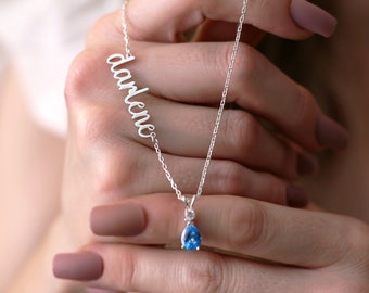 Personalized Name Necklace with Birthstone, Birthstone Name Necklace, Christmas Gift, Sideways Name Necklace, Mother's Day Necklace for Mom