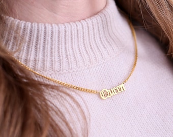 14k Gold Plated Old English Name Necklace with Curb Chain