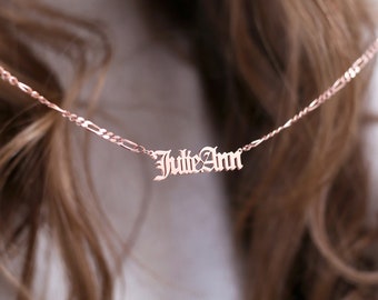 14K Gold Plated Figaro Chain Necklace: Old English Custom Name