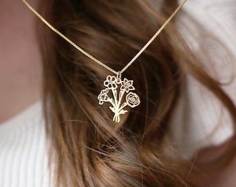 Sterling Silver Family Birth Flower Bouquet Necklace: Personalized Mom Gift