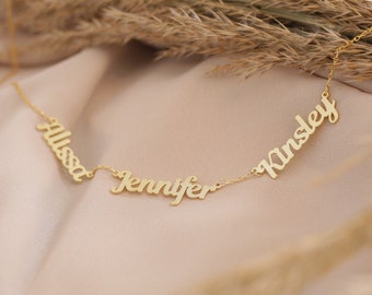 Personalized 3-Name Necklace: Sterling Silver, Gold Plated Family Names