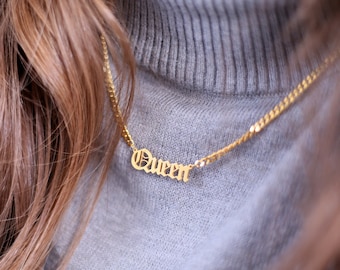 14k Gold Plated Old English Name Necklace with Curb Chain