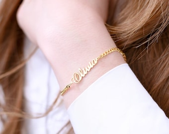 Name Bracelet with Curb Chain, Sterling Silver Personalized Bracelet, Gold Name Bracelet, Dainty Gold Name Bracelet, Personalized Jewelry