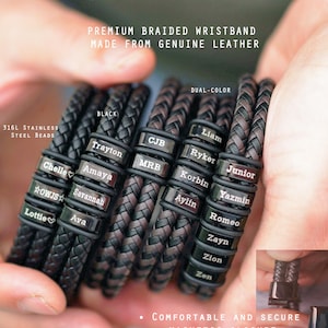 May include: Braided leather wristbands with stainless steel beads. The bracelets are black and dual-color brown, featuring names like "Liam", "Junior", and "Yazmin". The text reads "Customizable with multiple names or meaningful words" and "Premium braided wristband made from genuine leather".