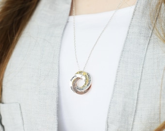 Personalized Sterling Silver Ring Necklace: Family Names, Gift for Mom