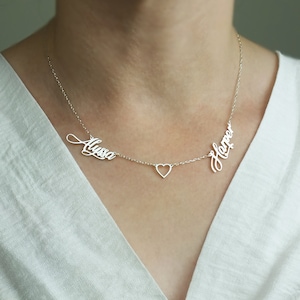 Two Name Necklace with Heart, Personalized 2 Names Necklace, Dainty Name Necklace, Personalized Jewelry, Mother Day Gift, Family Necklace