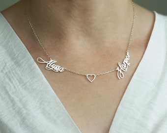 Two Name Necklace with Heart, Personalized 2 Names Necklace, Dainty Name Necklace, Personalized Jewelry, Mother Day Gift, Family Necklace