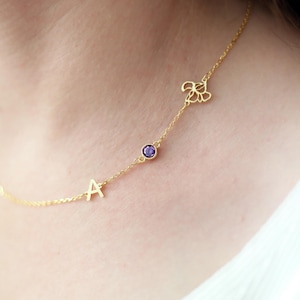 Sideways Initial Birthstone Necklace, Dainty Birth Flower Letter Necklace, Personalized Christmas Gift, Custom Birthstone Necklace For Mom