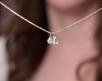 Initial Birthstone Necklace, Personalized Necklace, Letter Necklace, Birthstone Necklace, Minimalist Christmas Gift, Mothers Day Gift
