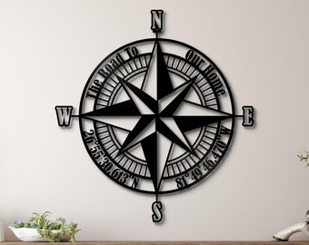 Starburst Wall Art , Custom Coordinates Sign , Nautical Decor , Starburst Decor , Compass Metal Sign , Metal Wall Art , Outdoor Sign